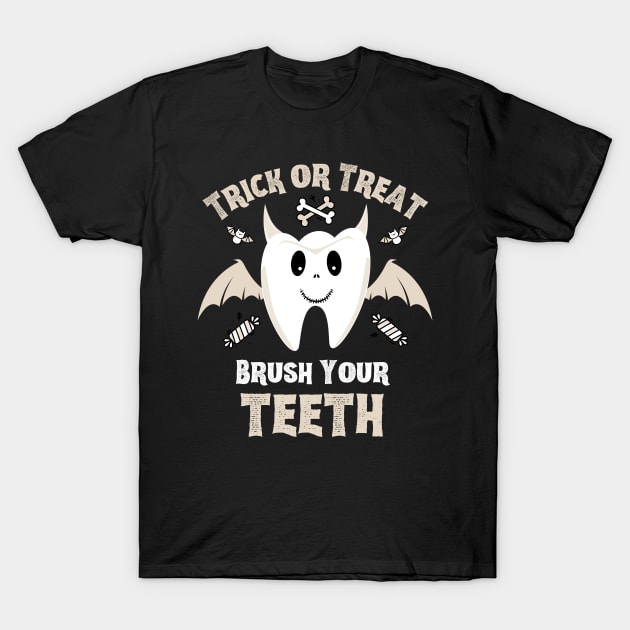 Trick or Treat Brush Your Teeth - Cute Tooth with Bat Wings and Devil Horns T-Shirt by Enriched by Art